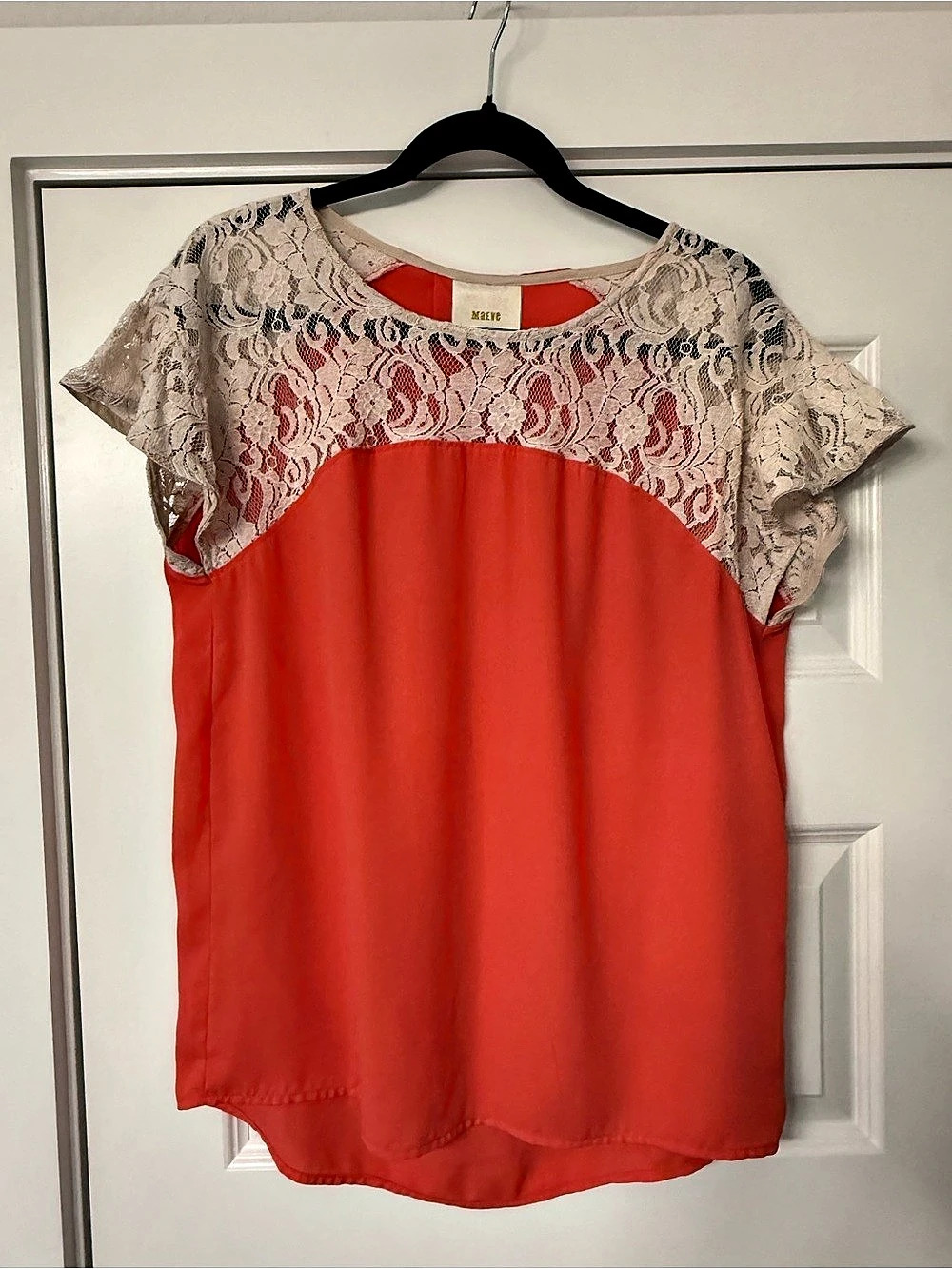 Maeve Lace Yoke Blouse in Coral & Cream